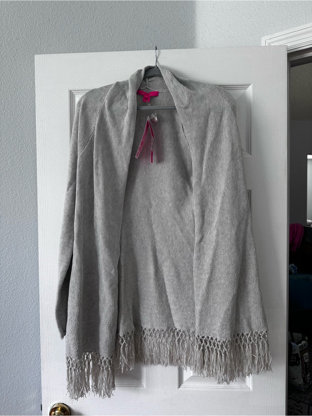 Lilly Pulitzer Light Gray Open-Front Fringe Sweater
